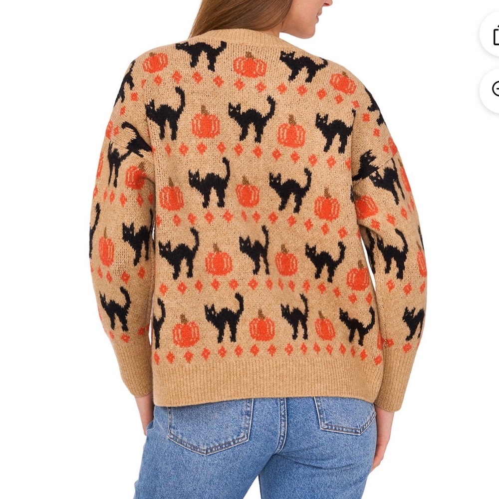 Vince Camuto Tan Sweater with Black Cats and Orange‎ Pumpkins - Picture 3 of 3